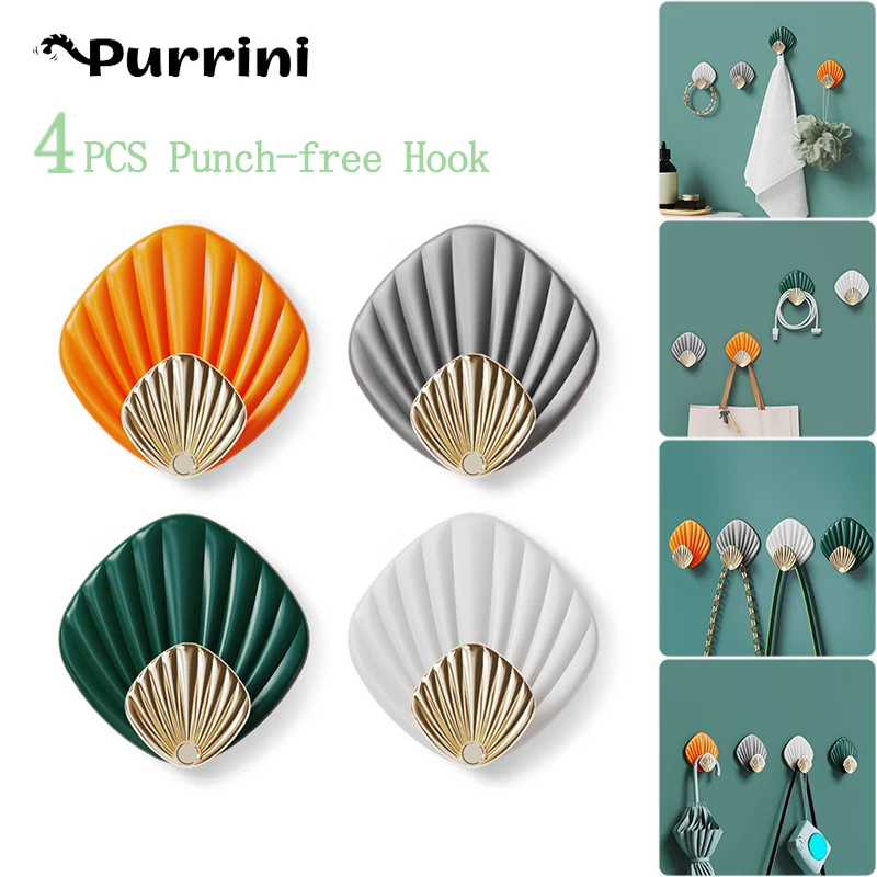 

4PCS Punch-free Hook Shell Shaped Wall Mounted Sticky Hook Strong Bathroom Kitchen Door Home Clothes Storage Universal Hook