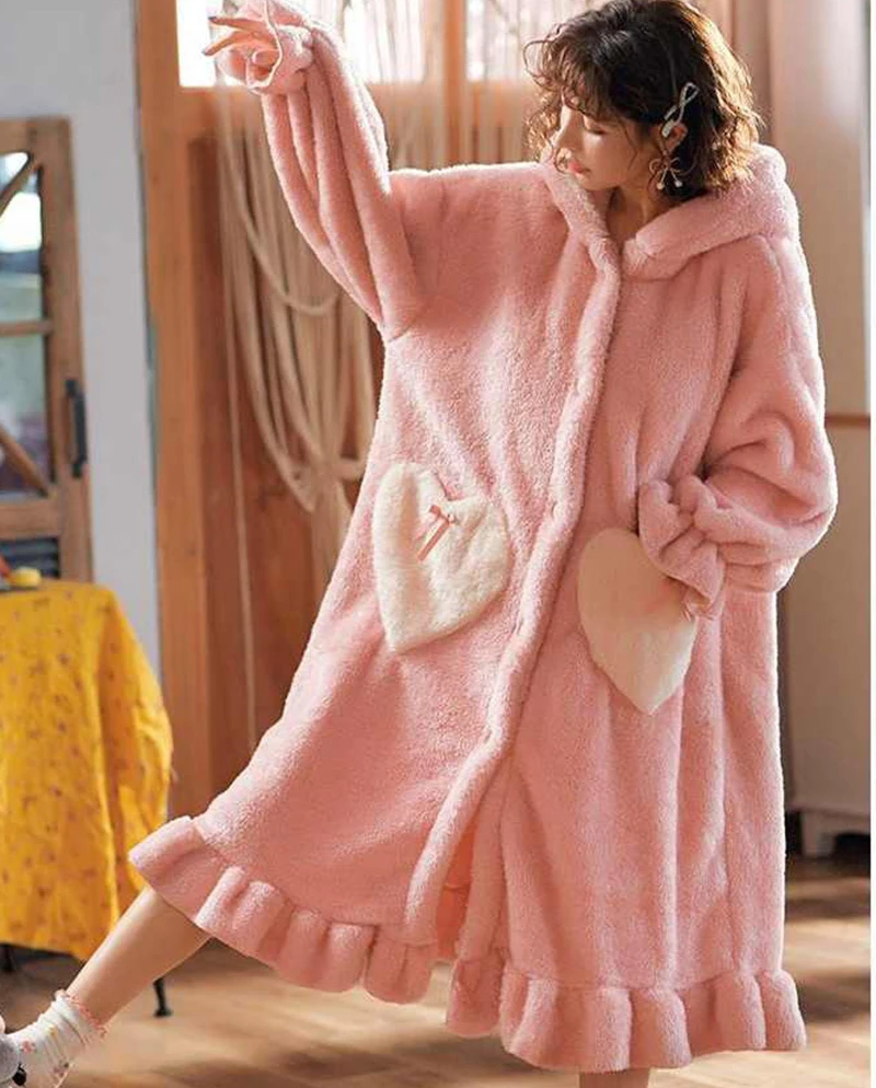 Girl's Winter Thin Nightgown Suit Length To Shank Polyester Warm Comfortable Blue Pink Long Ear Rabbit Sweet Leisure Wear