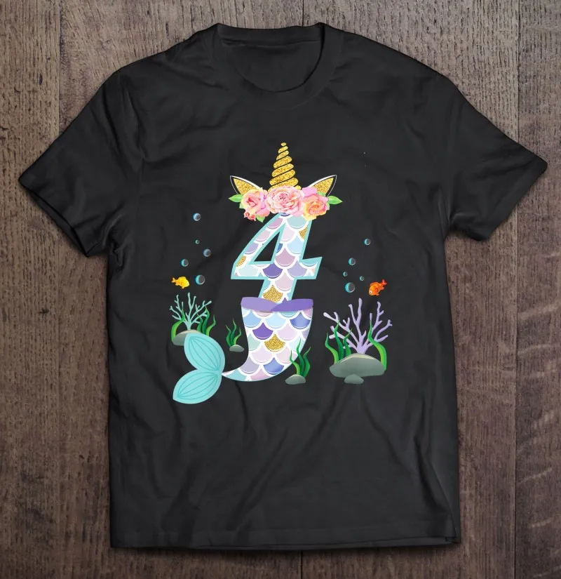 

Футболка мужская с рисунком единорога, винтажная рубашка с рисунком, для девочек 4 лет, тематика дня рождения, 4 подарка