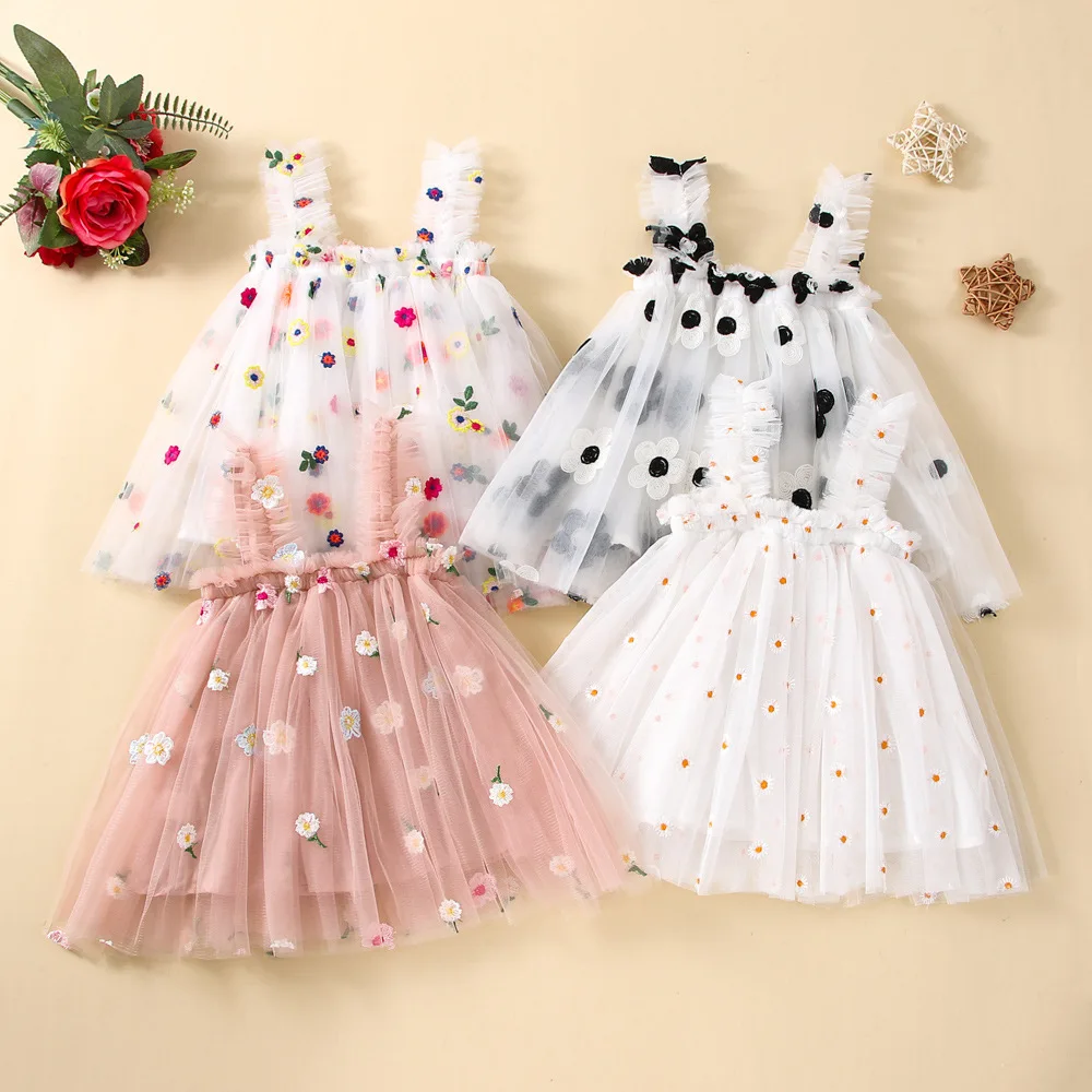 

Summer Girls Daisy Floral Embroidery Dresses for Girls Kids Birthday Party Princess Dress Wedding Tulle Tutu Children Clothing