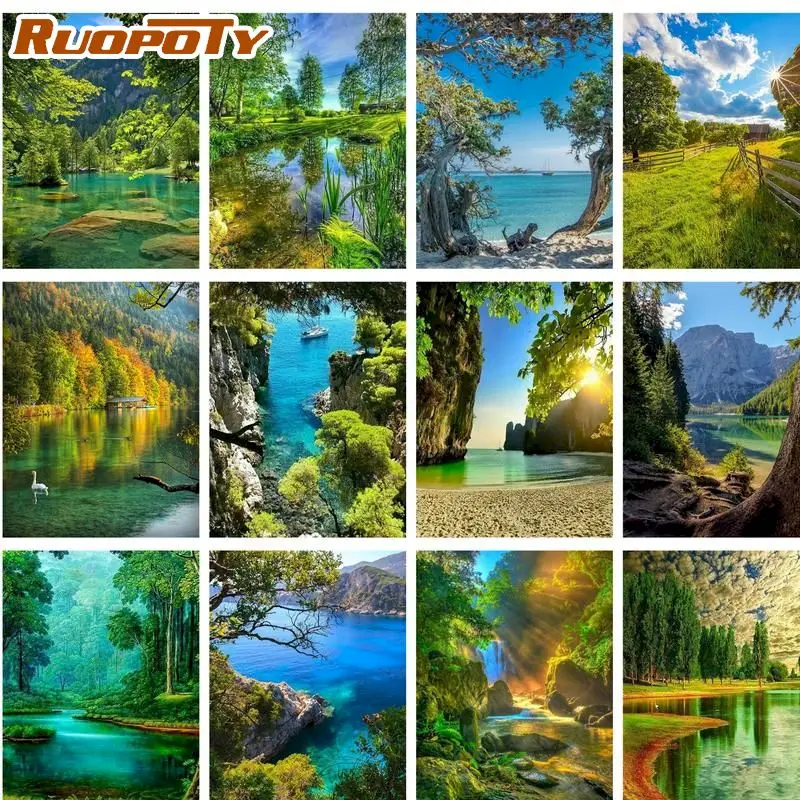 

RUOPOTY Paint By Numbers DIY 60*75cm Frameless Forest Lake Scenery Acrylic Color Painting On Digital Canvas for Unique Decor