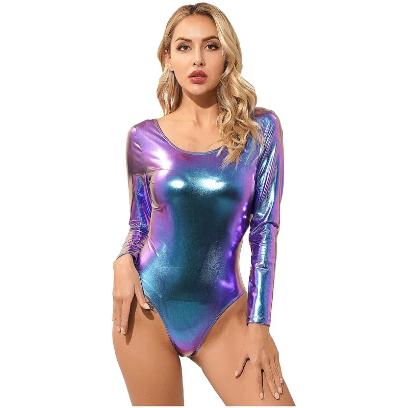 Женский Блестящий боди из лакированной кожи блестящий гимнастический купальник