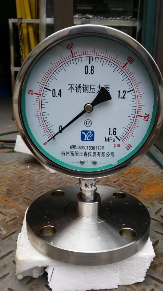 

Фланцевый диафрагменный манометр YTP100BF Fuyang DN50, калибр из нержавеющей стали с мембраной, тетрафторный диафрагменный манометр 1,6 МПа