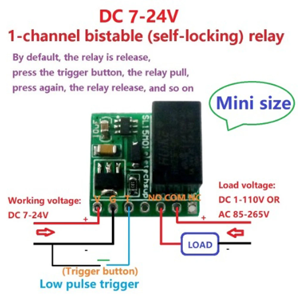 

DC12V 2A Mini 1Ch Bistable Self-locking Relay Module Flip-Flop Latch Low Level Trigger Switch Board for LED Motor Solenoid Valve