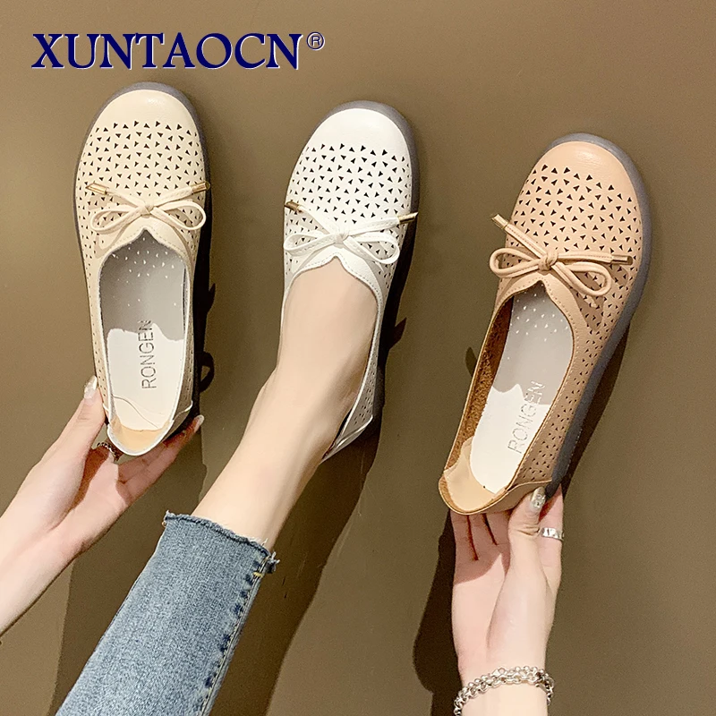 

Nurse Shoes Female 2022 Summer New Non-slip Flat Soft Leather Bow Soft Bottom Comfortable Hollow Breathable Single Shoes