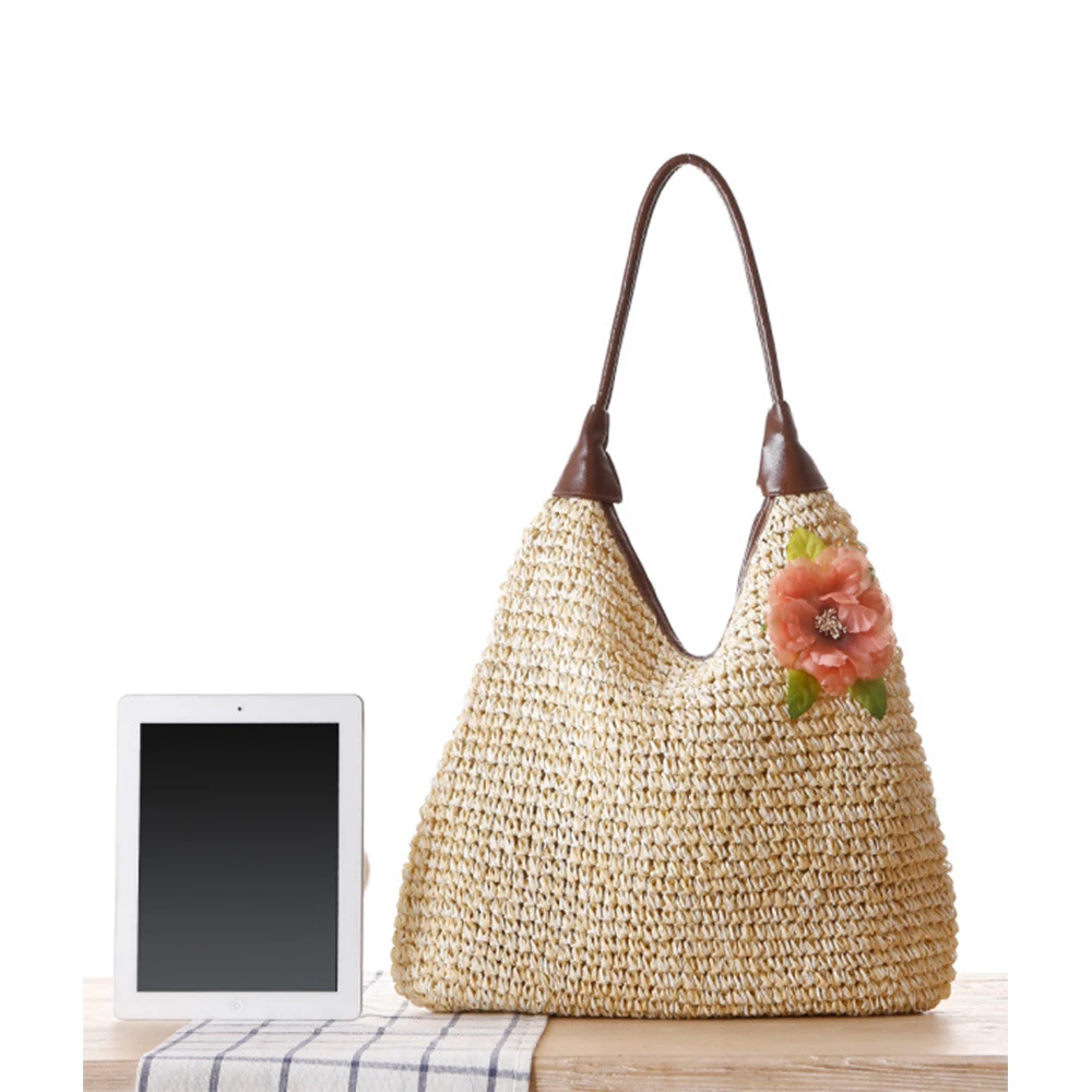 Summer Overlarge Rattan Shoulder Bag for Women Bohemian Flower Woven Straw Bag Purses and Handbags Bali Travel Big Beach Tote