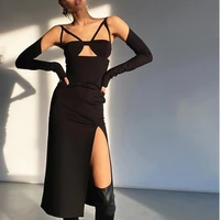 dresses for women 2022 bodycon dress solid black hollow out v neck high split backless evening mini dresses vestidos