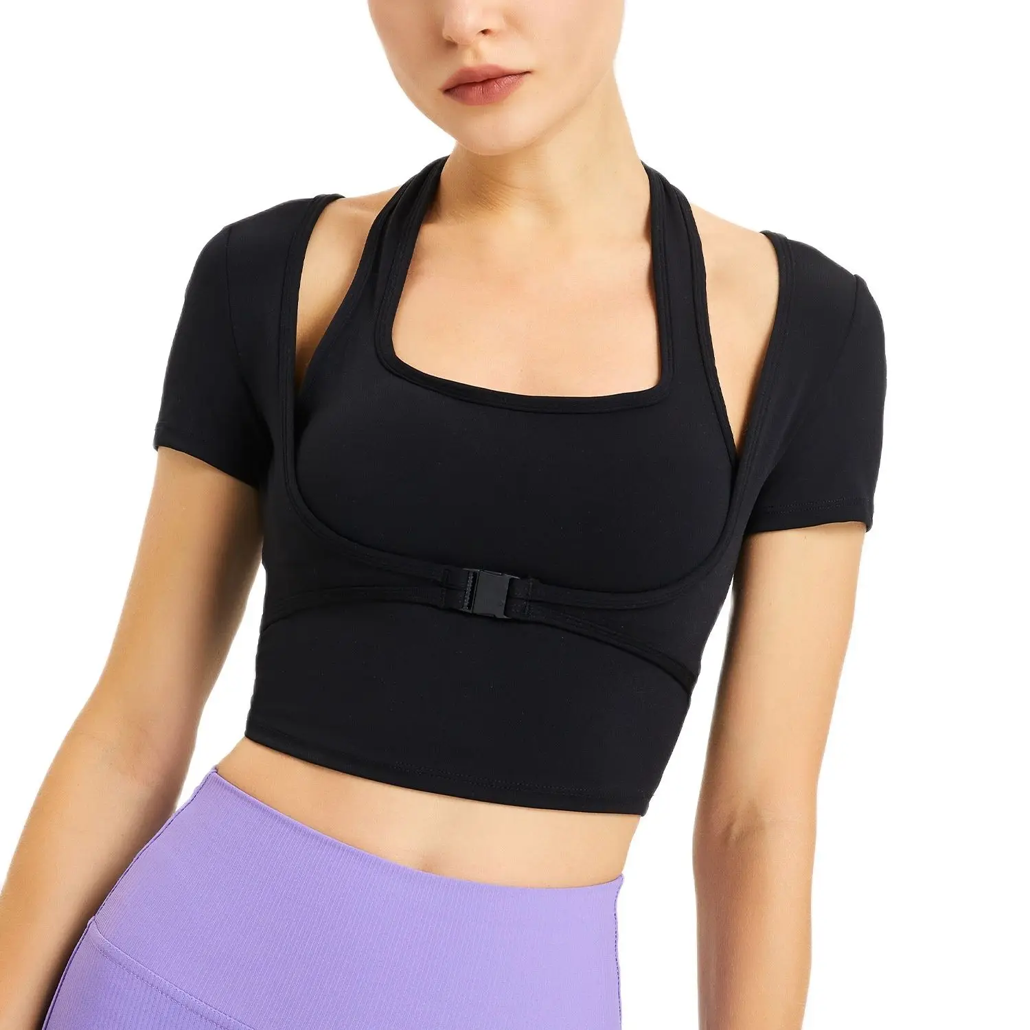

Летняя рубашка-Бюстгальтер для йоги с подкладкой 2022, укороченный топ с короткими рукавами и воротником хомутиком, 2 в 1, спортивная одежда дл...