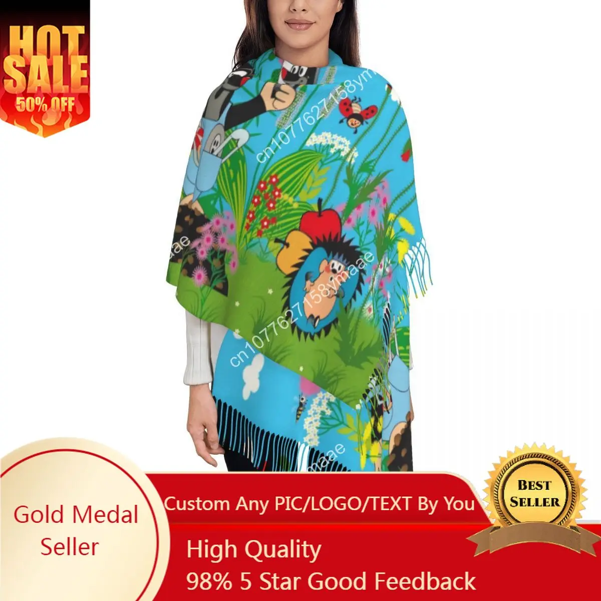 

Ladies Long Funny Mole Selfie Scarves Women Winter Thick Warm Tassel Shawl Wrap Cartoon Krtek Little Maulwurf Scarf