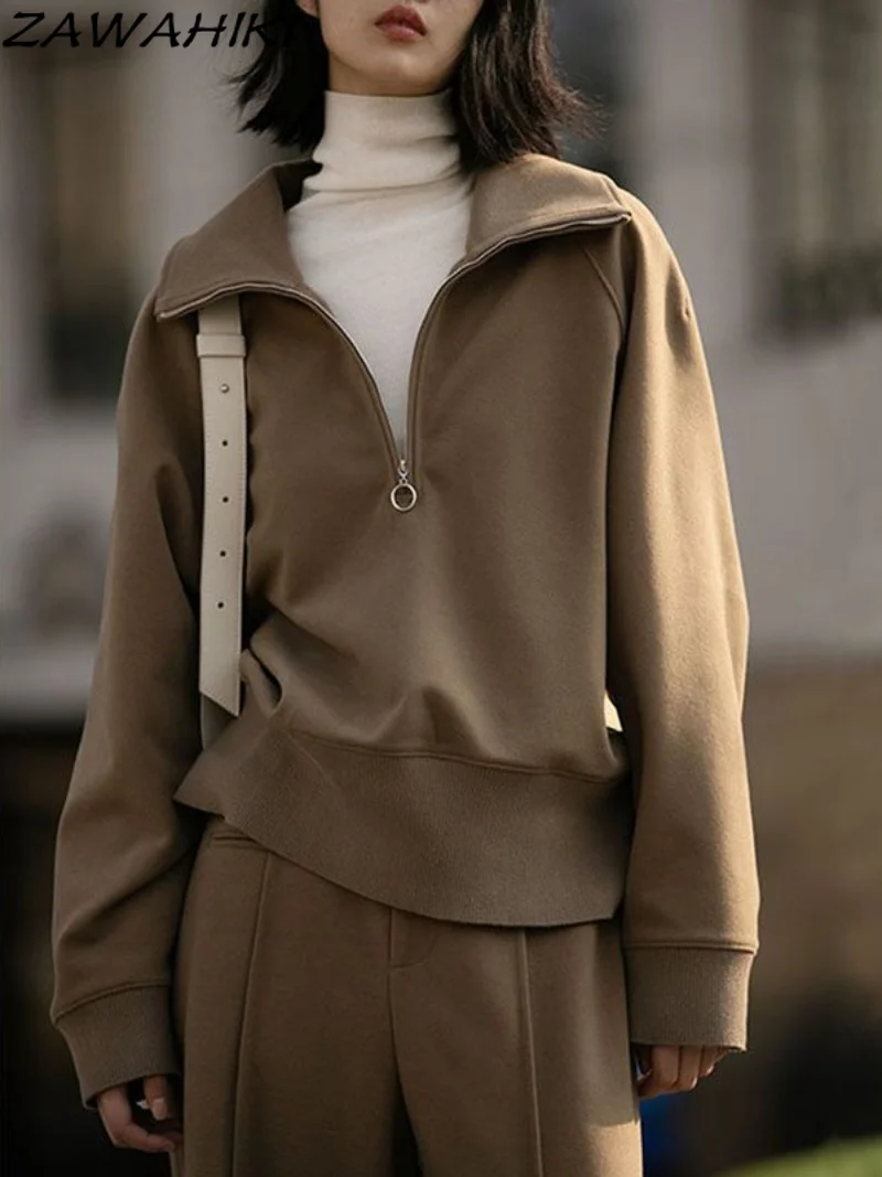 

Harajuku Solid Zip-up Turndown Collar Hoodies Women Elegants Streetwear Oversize Long Sleeve Pullover Female Sweatshirt Top