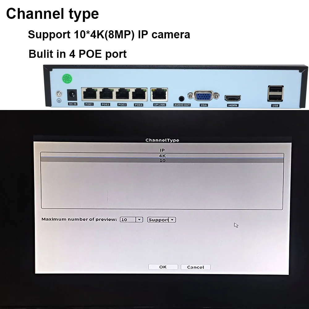 Фото Сетевой видеорегистратор 4K IP POE, 4-канальный CCTV POE NVR Xmeye, поддержка Onvif P2P для 8-мегапиксельной 5-мегапиксельной 1080P 720P IP-камеры наблюдения POE №5