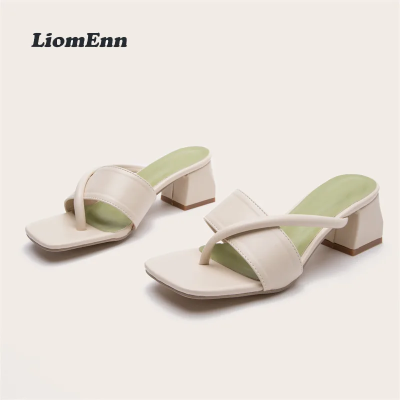 

Women's Square Toe Mid Heels Slippers Outdoor Casual PU Leather Summer Sandals Women Flip Flops Elegant Party Dress Shoes 2022