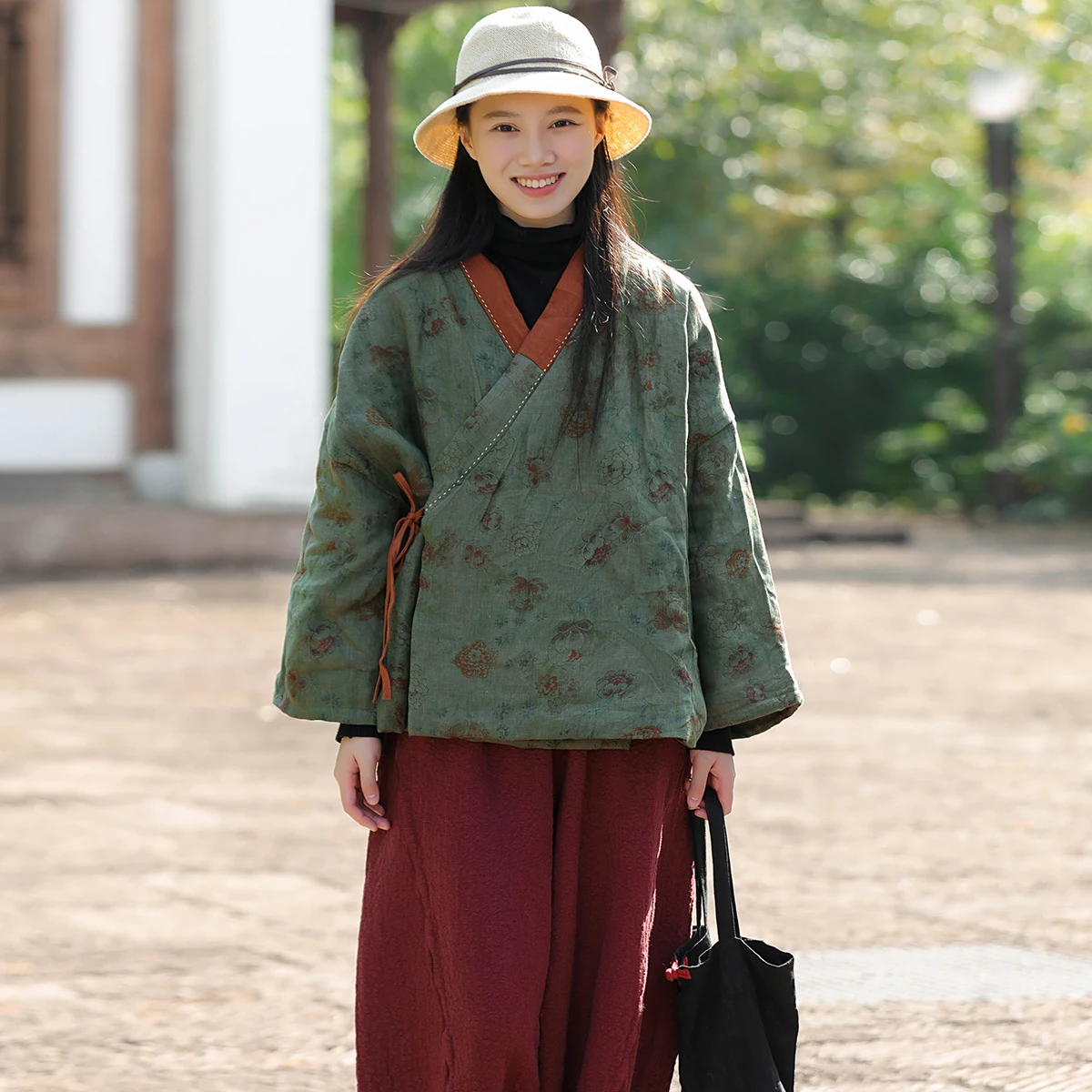 LZJN Короткая хлопковая куртка в китайском стиле льняная с дзен-принтом Hanfu дизайн