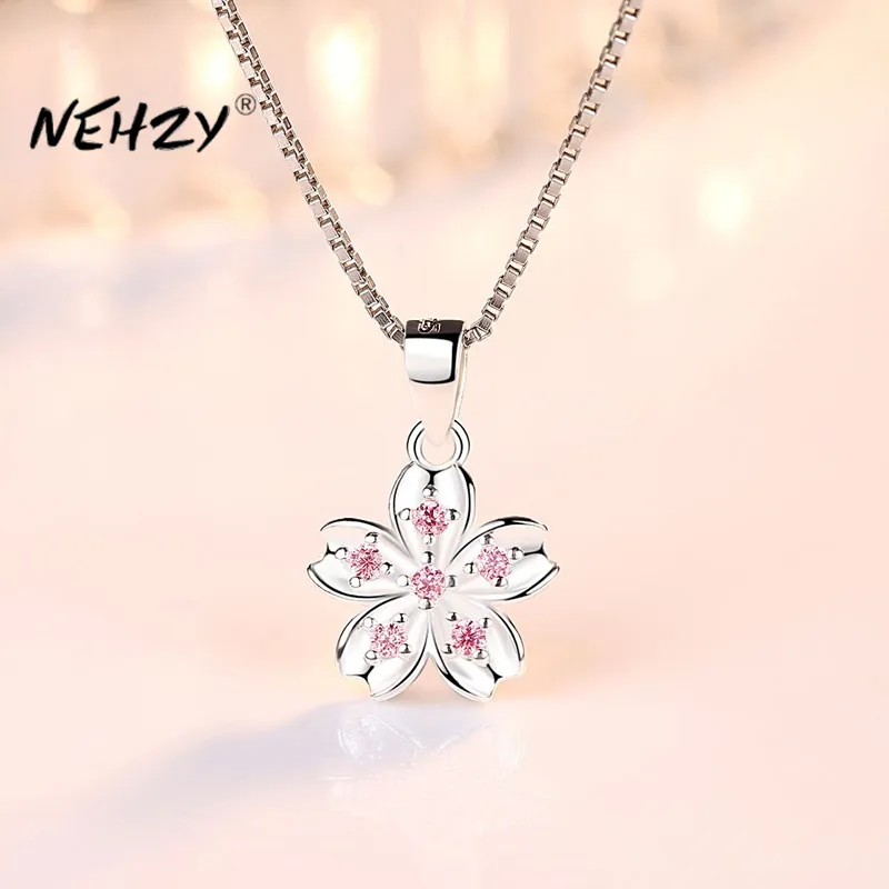 

NEHZY Silver plating Women's Fashion New Jewelry High Quality Retro Simple Pink Crystal Flower Pendant Necklace Long 45CM