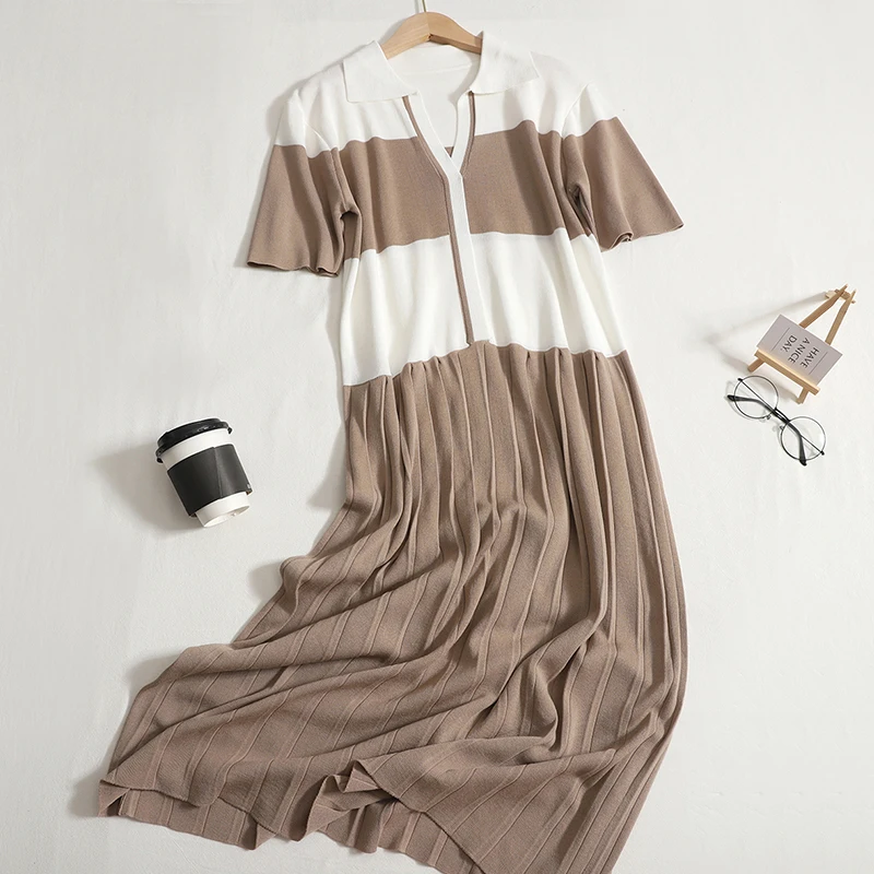 

SuperAen 2022 Summer New Temperament Lapel Color Matching Pleated Knit Dress Women Loose Short Sleeve Long Striped Dress