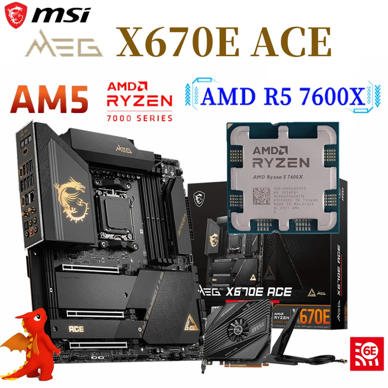 

MSI MEG X670E ACE Motherboard + AMD R5 7600X CPU Kit Supports DDR5 128GB 6666（OC）MHz Memory AM5 M.2 Wi-Fi 6E ATX Mainboard New
