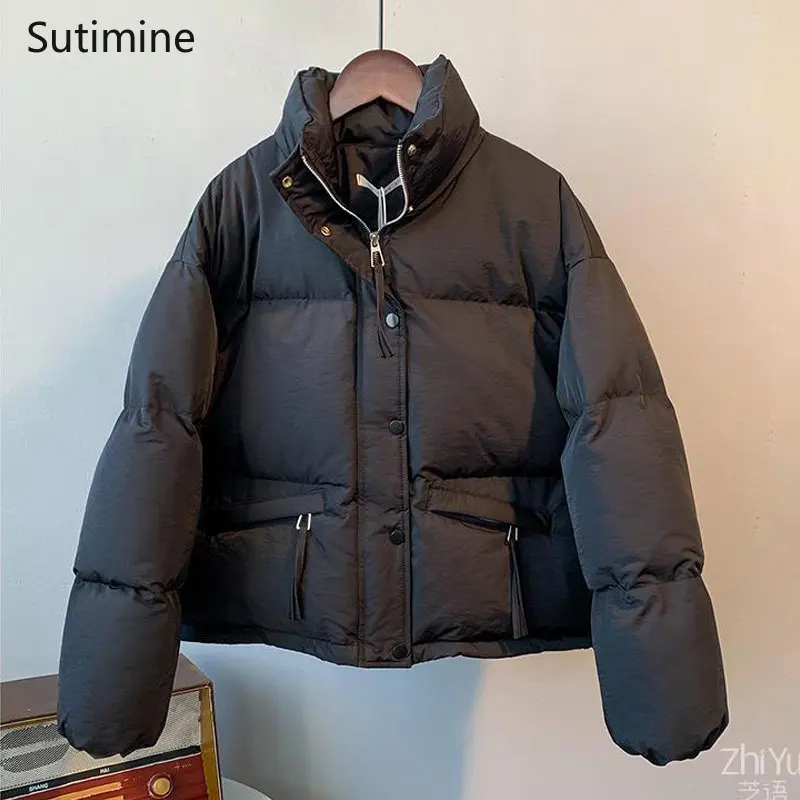 Winter Clothes Women Pockets Office Lady Relaxed Short Down Jacket Relaxed Fashionable Stand Collar Cotton Jacket Coat Women