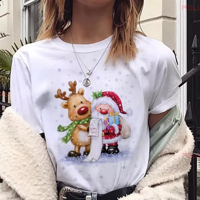

2022NEW New Lovely Deer T Shirt Harajuku Women Fashion Christmas Printed Short Sleeve T-shirt White Suitable All Seasons Tshirts