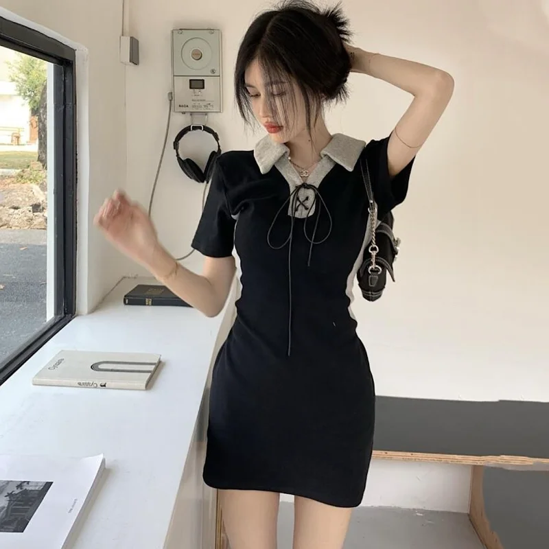 

Polo Collar Short Sleeve Dresses Korean Tshirt Dress Women Casual Wrap Summer Kpop Streetwear Design Women's Clothing