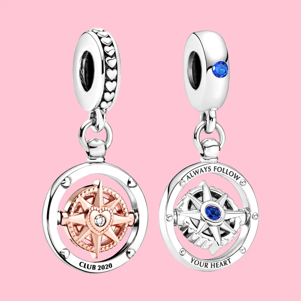 Pandora-Boussole tournante en argent regardé 925 pour femme, pendentif à breloque pendante, bracelet, bijoux de bricolage, exécutif