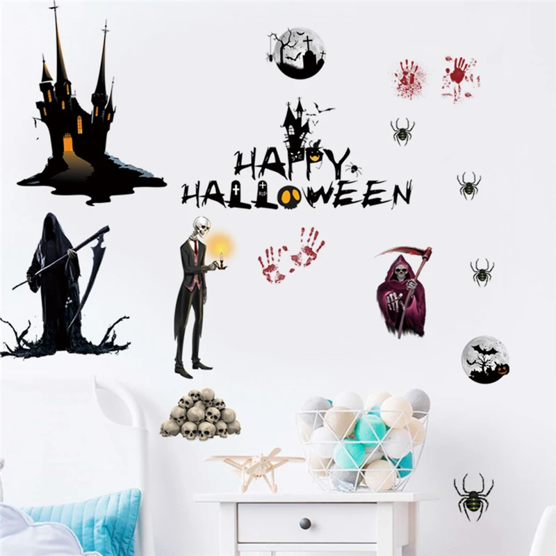 Наклейка на стену в виде тыквы кота ведьмы летучих мышей