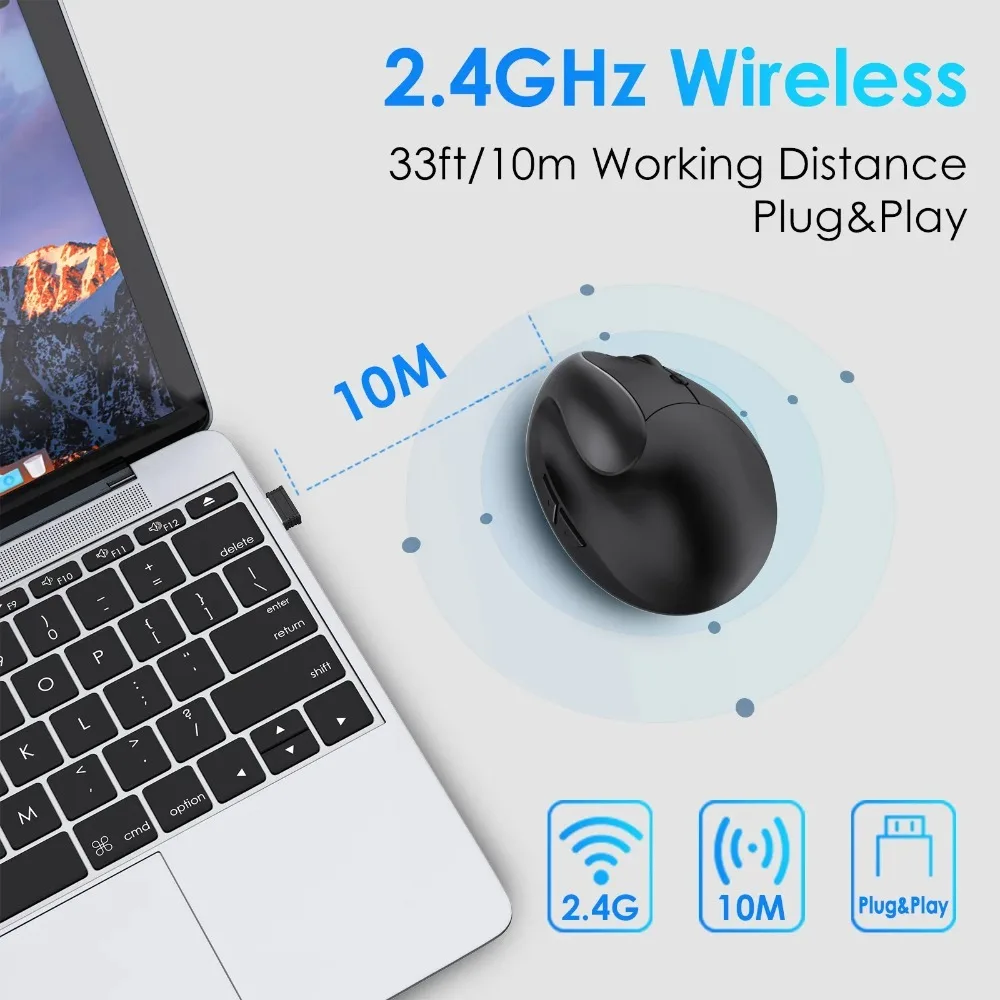 Фото Беспроводная вертикальная эргономичная бесшумная мышь 2,4G с регулируемым разрешением 1600 DPI, USB-мышь Plug&Play для офиса, игр, ноутбуков и ПК №2