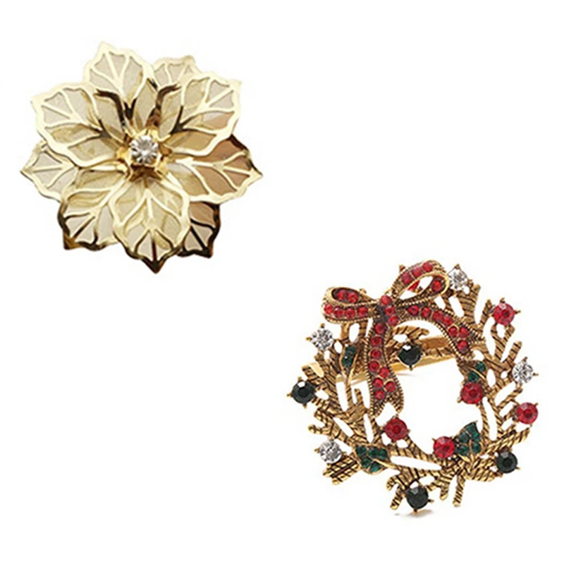 

10Pcs Flower Design Napkin Rings Metal Gold Napkin Buckle Napkin Ring Holder & 6Pcs Christmas Wreath Napkin Rings