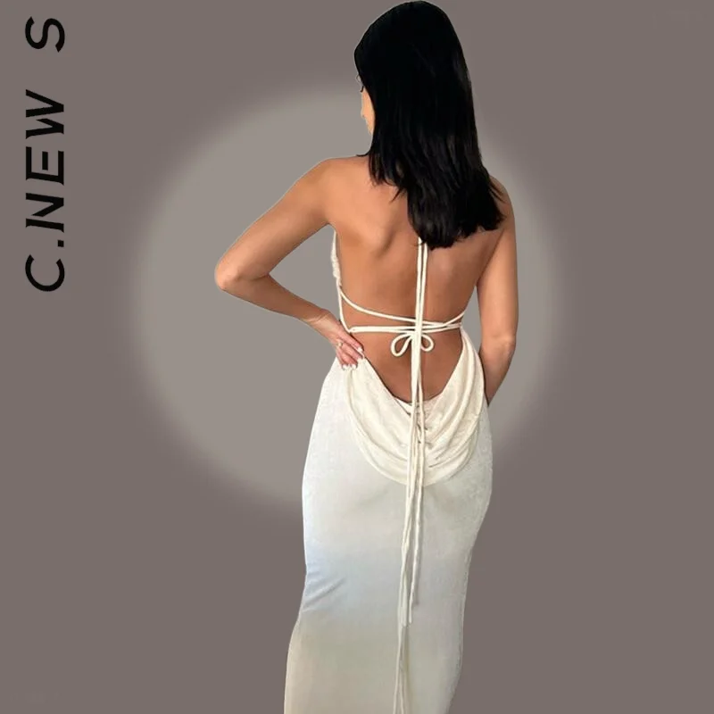 

C.New S New Dress Women Halter Sexy Backless Draped Maxi Dress All-Match Stylish Streetwear Girl Vestidos Dresses Woman Female