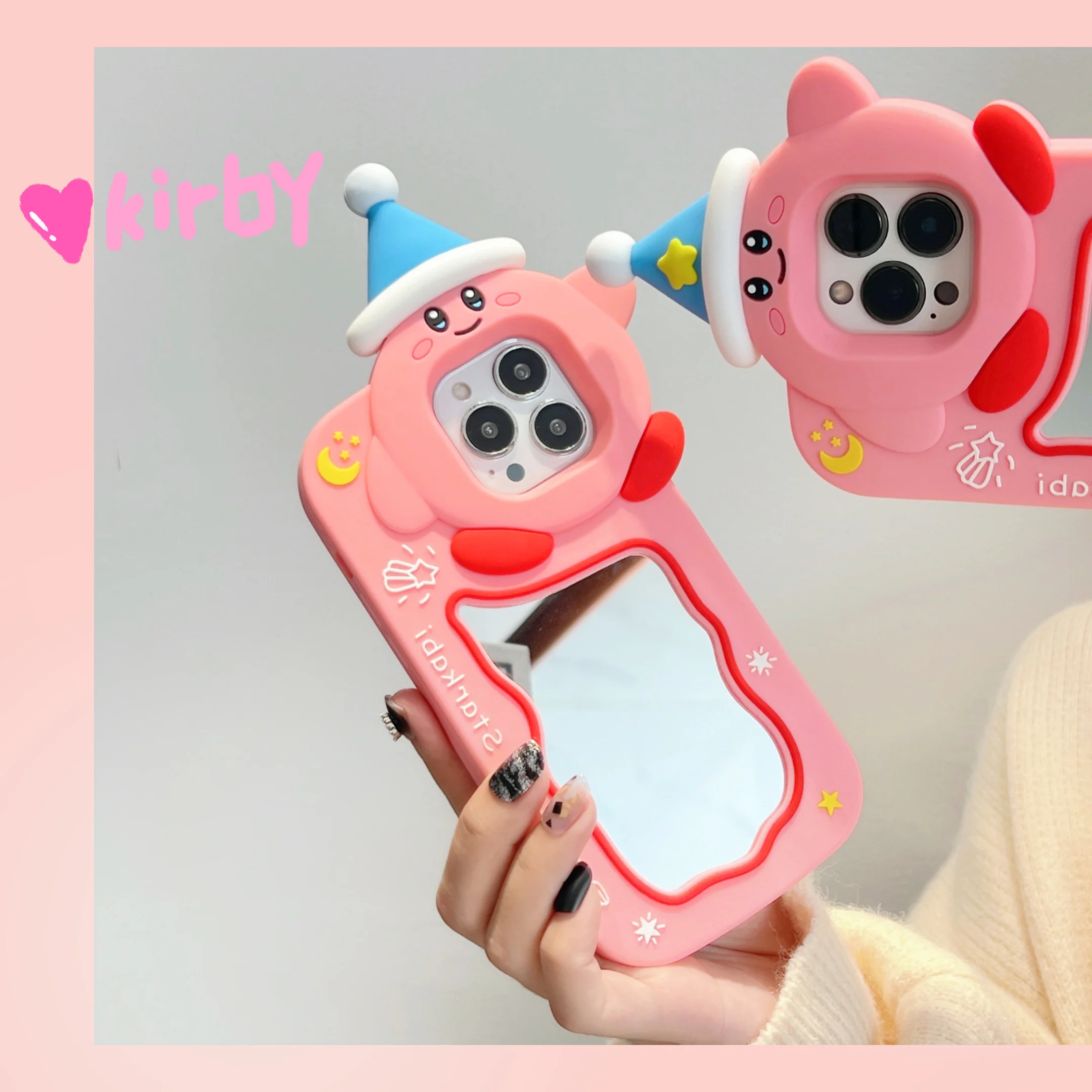 

Cartoon Kirbies 3D Stereoscopic With Makeup Mirror Phone Case For Iphone 14 13 12 11 Plus Pro Max Girl Gift Shockproof Cover