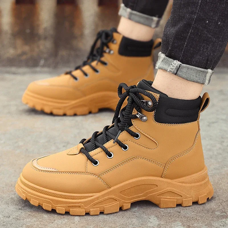 

Мужские ботинки, новинка 2023, высокие мужские мотоциклетные ботинки в британском стиле, зимние теплые ботинки на платформе, уличные повседневные модные мужские ботинки