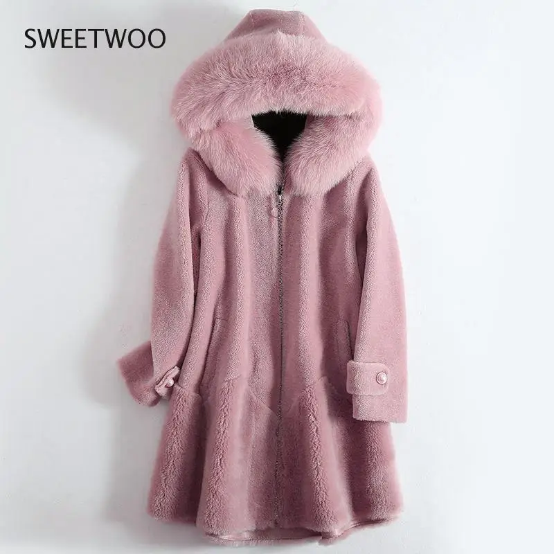 Women 2021 Winter Hooded Real Fur Coat Female Natural Sheep Sheared Fur Jacket Lady Warm Thick Fur Collar Oversize Outwear Slim
