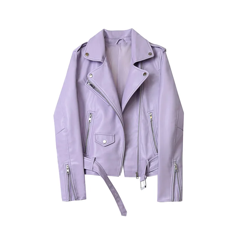 New 2022 Spring Autumn Pu Faux Leather Jacket Women Purple Zipper Slim Short Biker Jackets Coat Female Outwear Veste Femme Tops enlarge