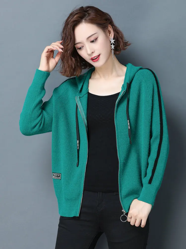 

Женский трикотажный кардиган с капюшоном, красный, зеленый, желтый, синий, черный, серый Повседневный свитер на молнии с полосками на рукава...