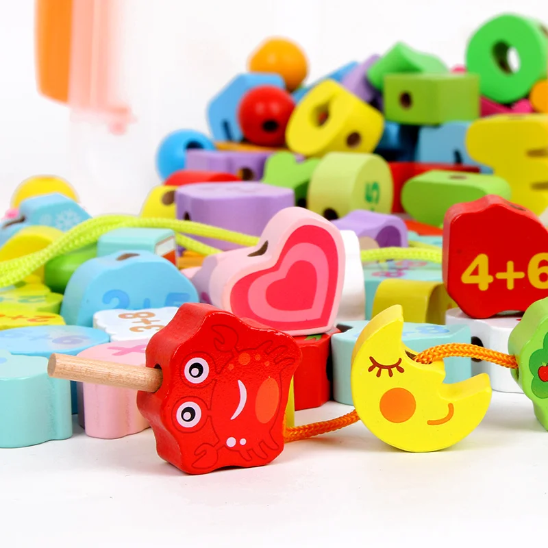 65/106PCS Fruits Vegetables Animal Traffic + Number Letter Blocks Beads Toys Children's Wooden Bead Educational Games Baby Gift