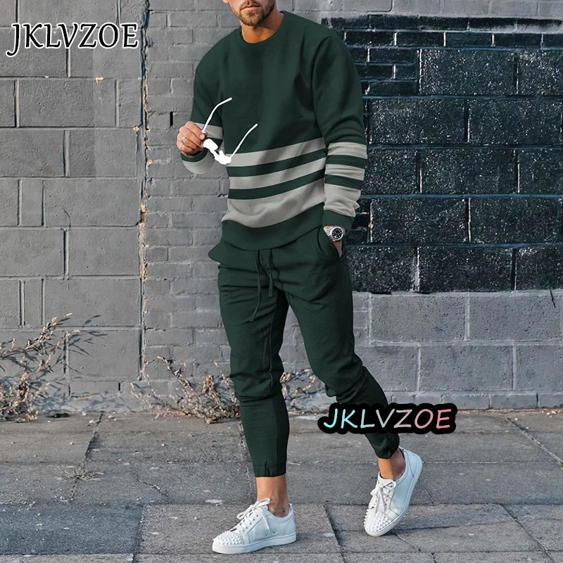 Men's Tracksuit Fashion Streetwear Set Long Sleeved T-shirt Trousers Stripe Casual Jogging Sweatshirt Suit Oversized Sportswear