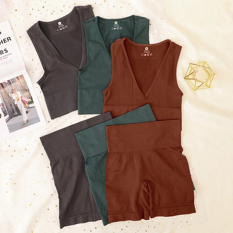 

Sport Ribbed Deep V Bra Set Women Underwear High Waist Shorts Female Sexy Lingerie Set Fitness Seamless Bralette Top Sportwear