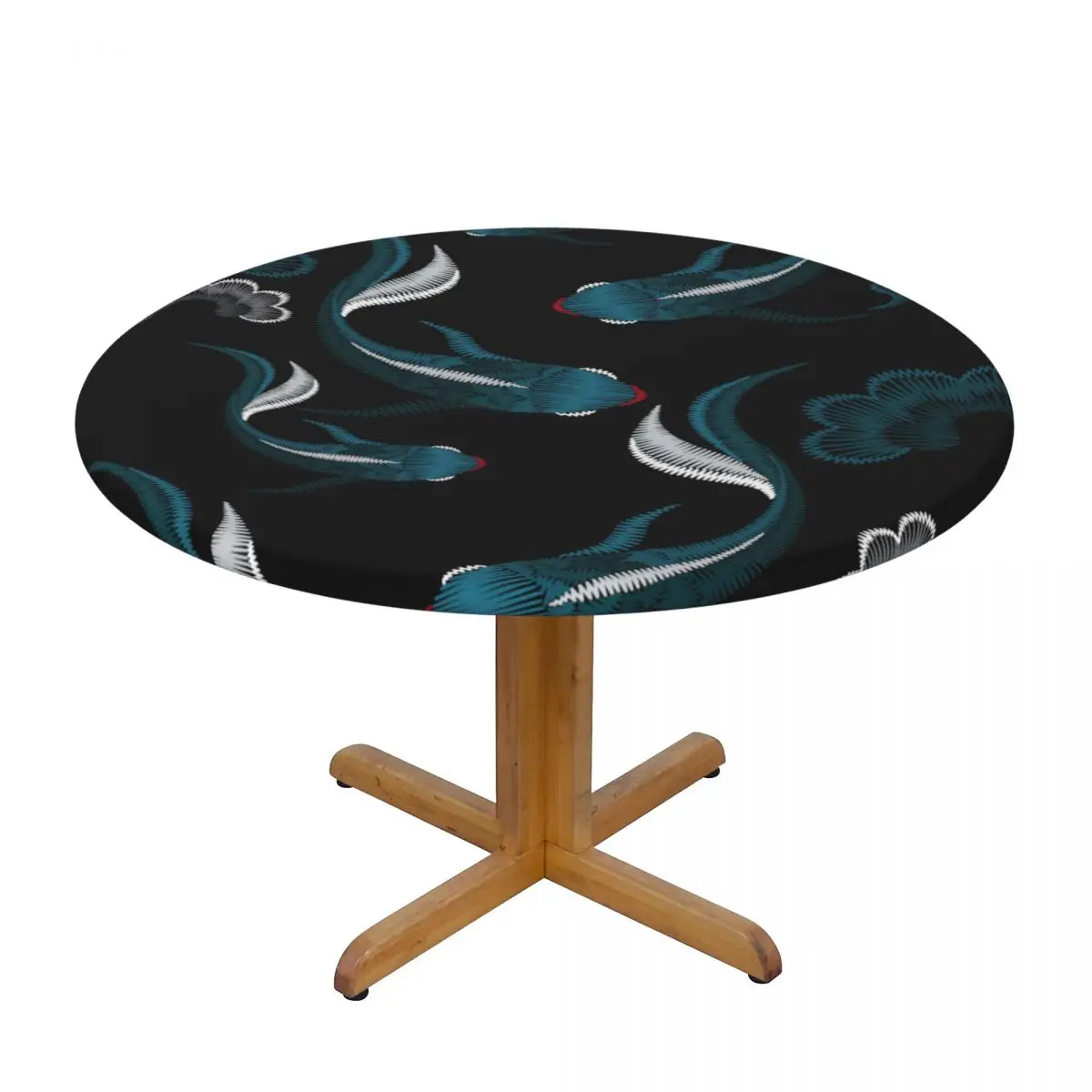 

Round Table Cover Cloth Protector Polyester Tablecloth Embroidery Blue Ethnic Koi Fish Fitted Table Cover with Elastic Edged