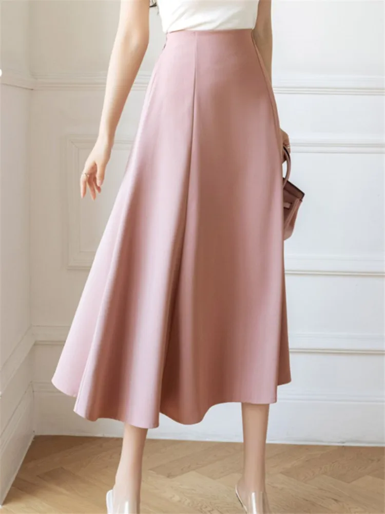 

Korean Solid Umbrella Women's Mi-long Skirts 2023 New Spring Summer Back Zipper High Waist A-Line Skirts Female