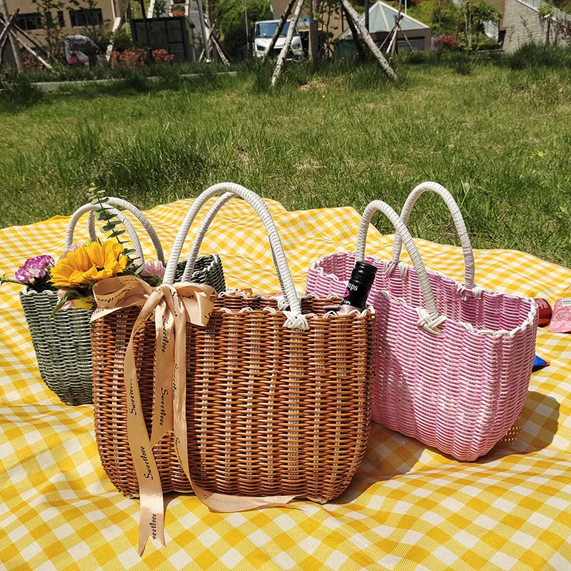 

Handmade Woven Basket with Handle Camping Picnic Basket for Wine Flower Shopping Storage Hamper Kitchen Organizer Home Decor