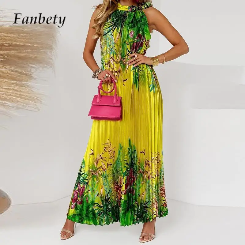 

Элегантное Длинное Платье на шнуровке с круглым вырезом и лямкой на шее, женское модное свободное платье в стиле ретро с принтом, повседневное Плиссированное Платье Бохо без рукавов