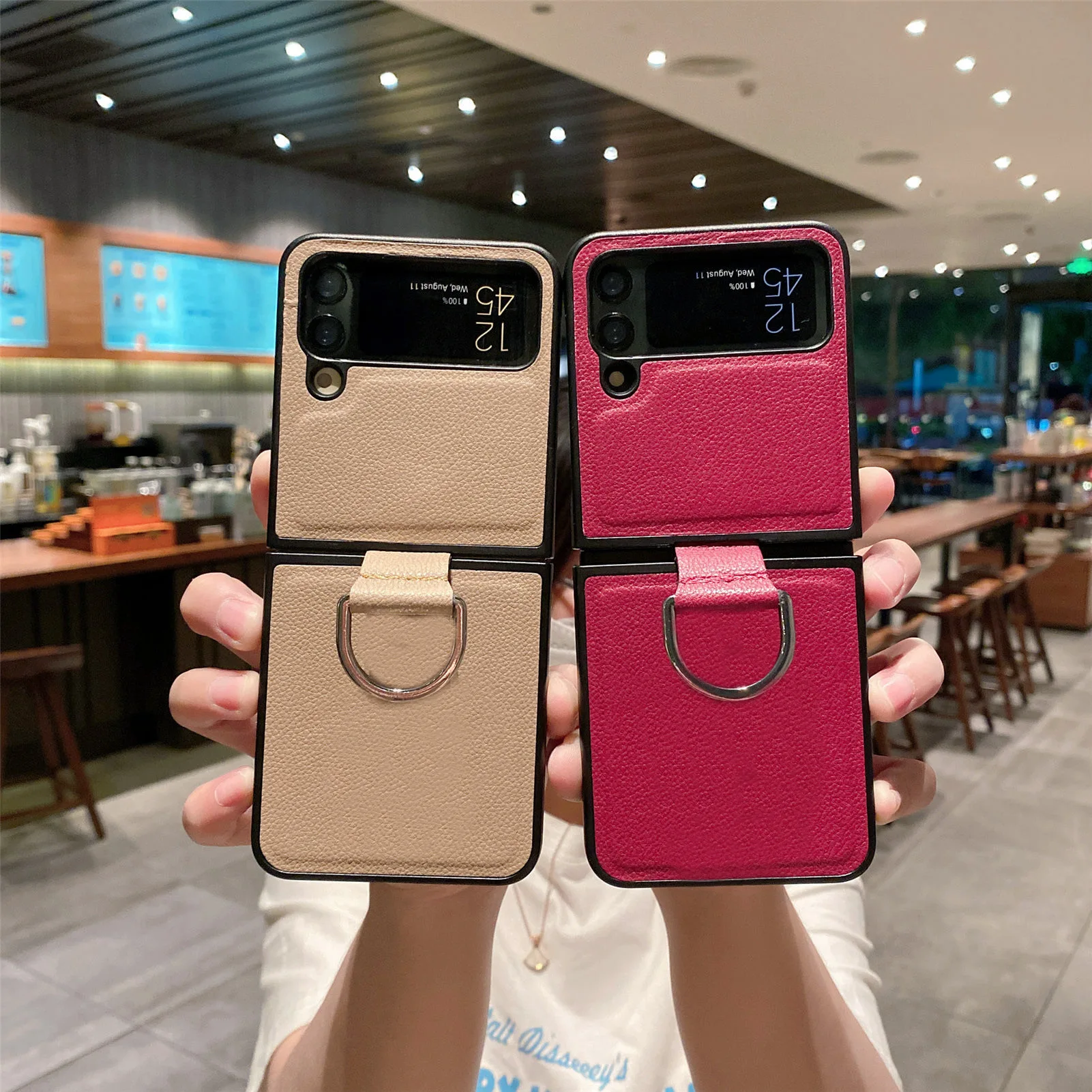 

Luxury Finger Ring Buckle Bracket Leather Phone Case For Samsung Galaxy Z Flip 4 Flip4 ZFlip 3 Flip3 Shockproof Cover Capa Funda