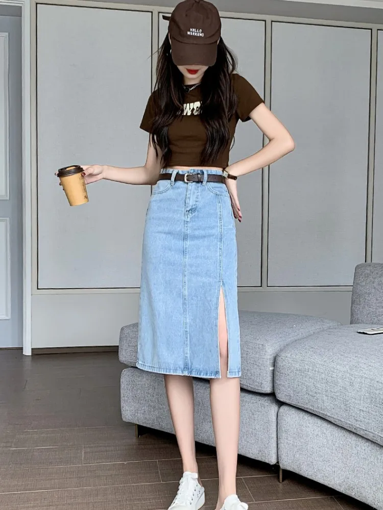 

2022 New Versatile High Waist Belt Denim A-line Skirt