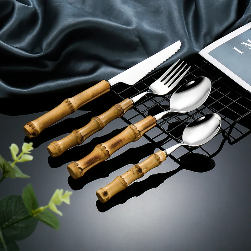 32Pcs Stainless Steel Cutlery Set With Nature Bamboo Handle Tableware Steak Forks Spoon Knive Gold Flatware Complete Diningt