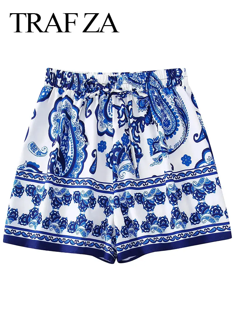 

TRAF ZA Summer New Casual Loose Elastic Waist Women's Shorts Lightweight Blue and White Printed Comfortable Fresh Lady Shorts