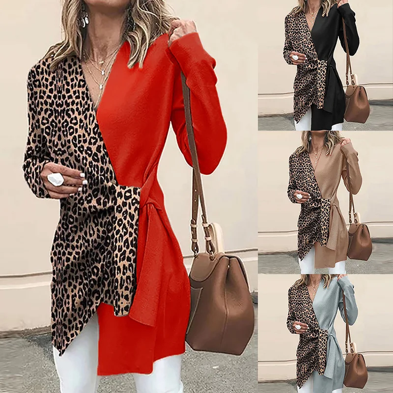 

Autumn Winter Lady Sexy V-neck Leopard Color Contrast Mid-Length Shirt A Buckle Bandage Long Sleeve Shirt Slim Elegant