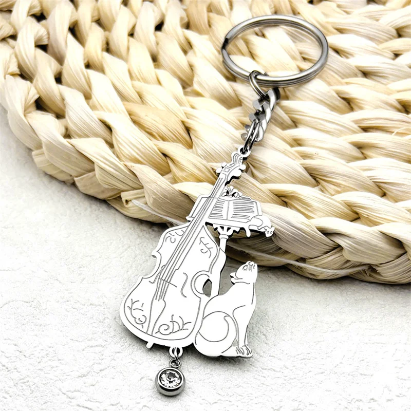 Виолончель со стразами брелок с котом для женщин и мужчин нержавеющая сталь