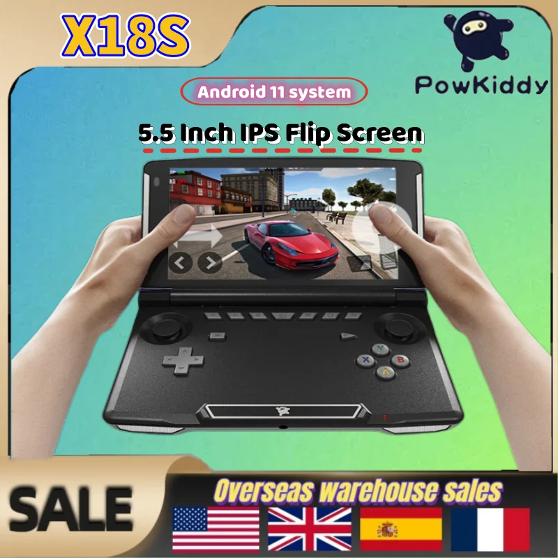 

2023 Powkiddy X18S Original 5.5 Inch IPS Flip Screen Android 11 L3+R3 Function Chip Screen Retro Games Handheld Game Console