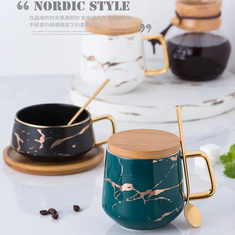 

Nordic Marble Ceramic Coffee Cup Gold Handle Condensed Coffee кружка Cafe Tea Milk tazas Saucer Suit with Dish Spoon Set Ins