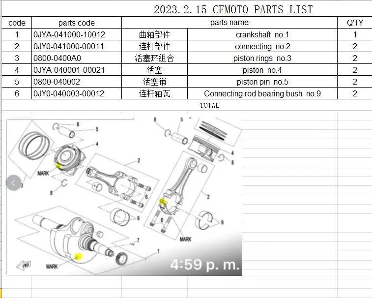 

1Pcs Crankshaft/2pcs Connecting/2pcs Piston/Rings/Pin/2sets Connecting rod bush Suit For CFORCE1000 EPS 0JYA-041000-10012