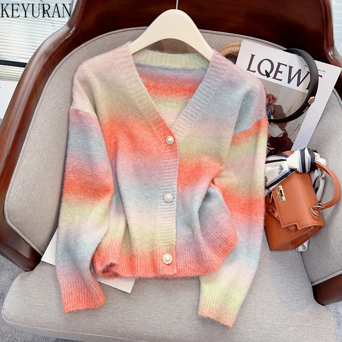 

Rainbow Knitted Cardigan Sweater Coat Women 2023 Autumn/Winter New Sweet Fashion V-neck Long Sleeve Knitwear Tops Ladies Jumper
